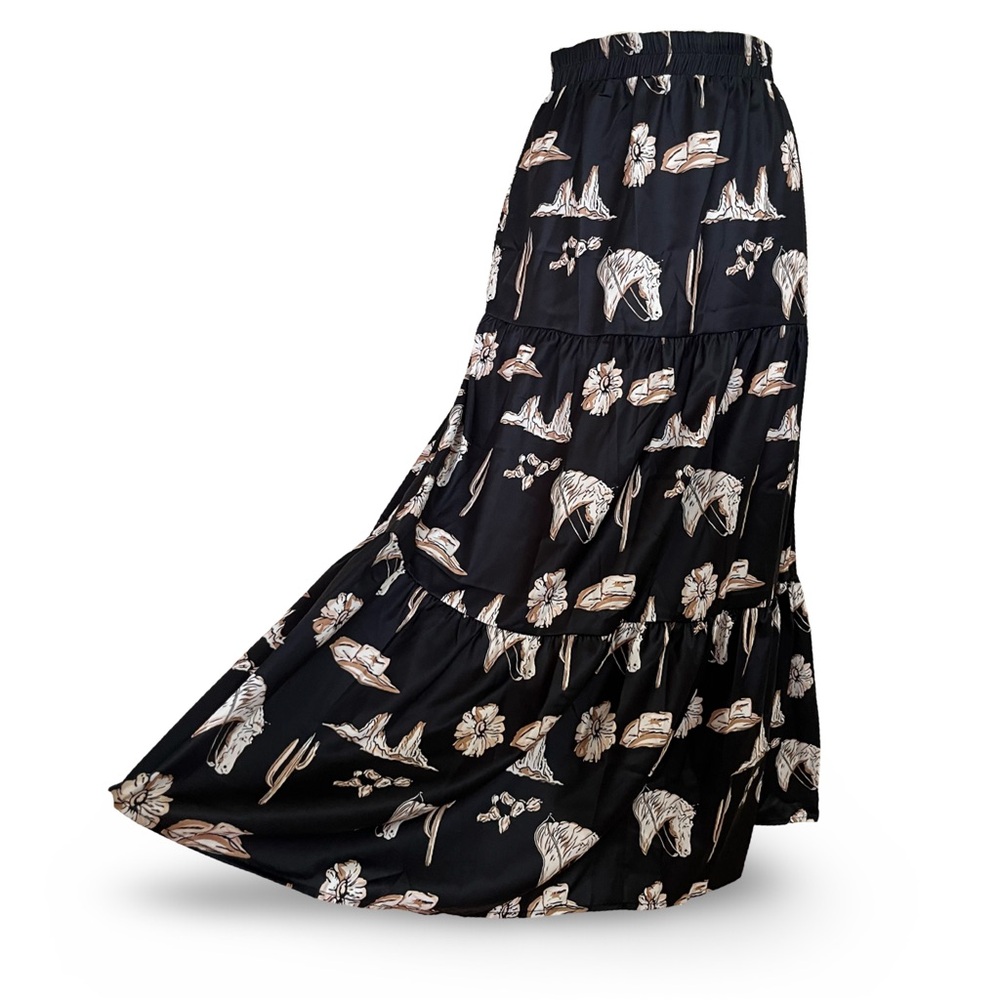 Black Western Print Tiered Ruffled High Waist Maxi Skirt 2XL Size Horses Cowboy - Picture 2 of 7